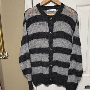Zara Alpaca Wool Blend Gray and Black Striped Cardigan Sheer Medium